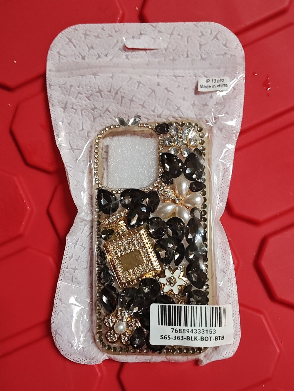 iPhone 13 Pro Black and Gold Decorative iPhone Case with Crystal Embellishments